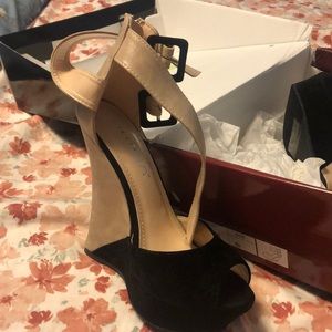 Size 6.5 black and tan strappy wedge heels